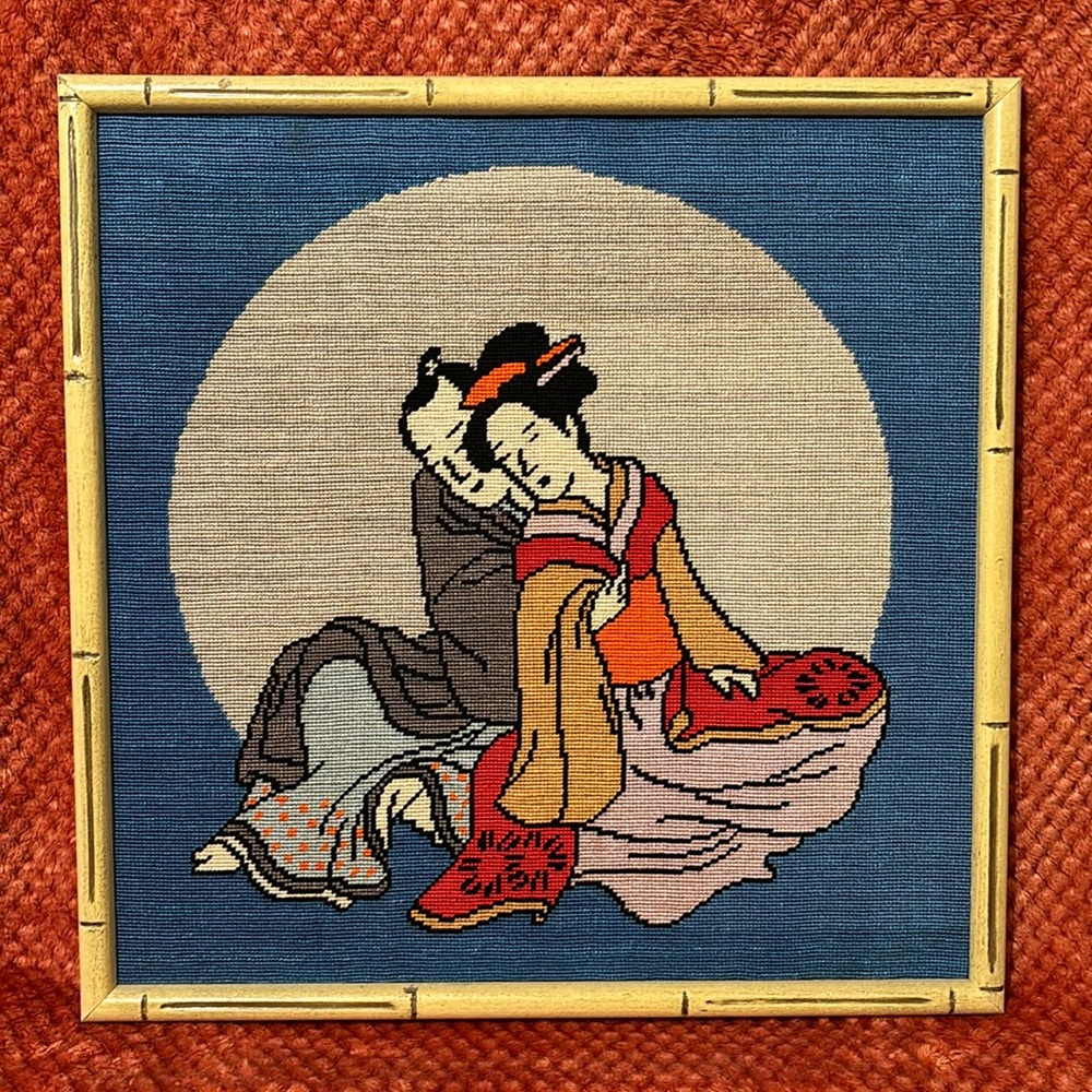 Vintage Asian Lovers Framed Needlepoint